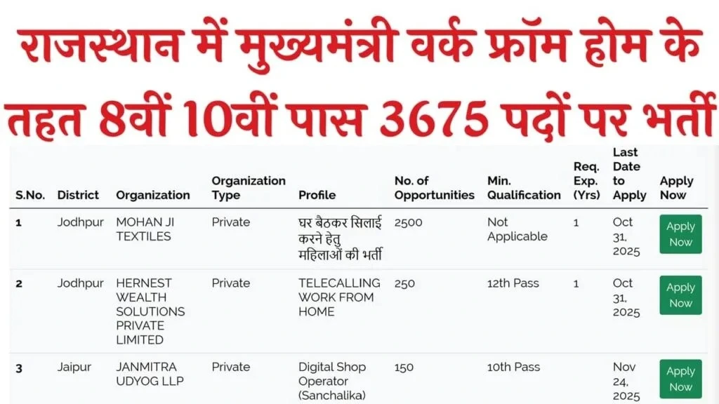 Rajasthan Work from Home Job: 3675 पदों पर भर्ती राजस्थान में मुख्यमंत्री वर्क फ्रॉम होम के तहत,ऑनलाइन आवेदन शुरू